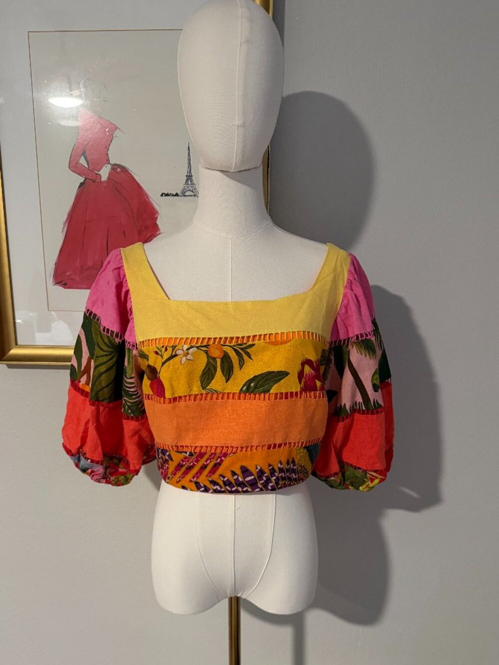 FARM Rio Rainbow Mixed Prints Tiered Linen Blend Crop Top - NWT Medium